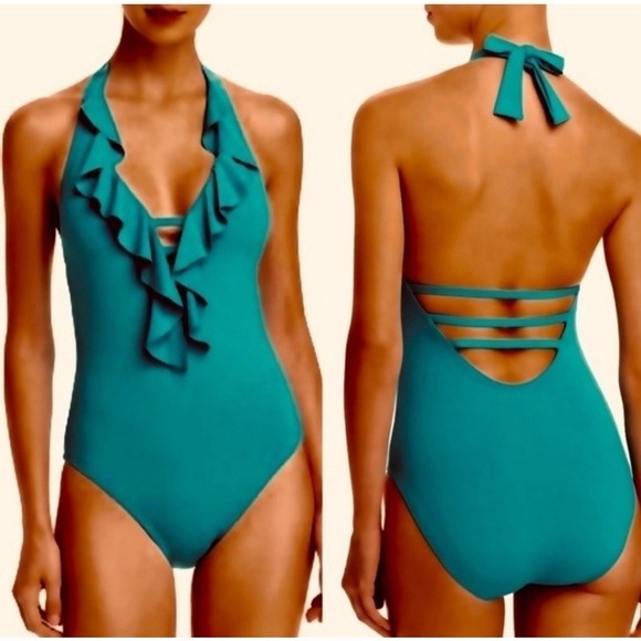 Bleu Rod Beattie Other - Bleu Rod Beattie One Piece Swimsuit Ruffled Plunge Neck Halter Sz 14 NEW Green‎